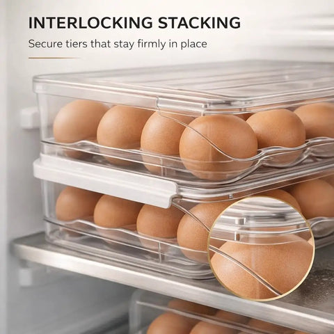 Stackable Fridge Egg Dispenser With Rolling Auto Dispense Holds 36 Eggs, clear two-layer design, showing interlocking stacked eggs