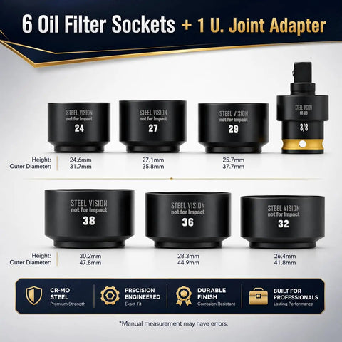 Low Profile Oil Filter Socket Set 7 Piece Cap Removal Kit For Tight Engine Bays Three Eighths Inch Drive, CR V Steel
