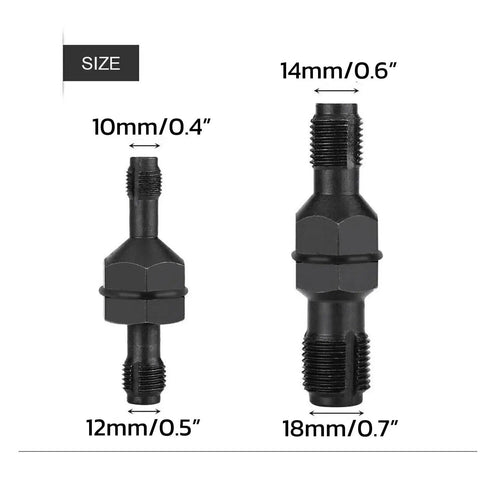 Dual Size Spark Plug Thread Chaser Tool For M10 1.0, M12 1.25, M14 1.5, M18 1.5 Threads With A 13 Sixteenth Inch Hex Head Black Steel Construction For Quick Rethreading And Cleaning Pro Grade 2 Pack, showing two tools with sizes labeled.