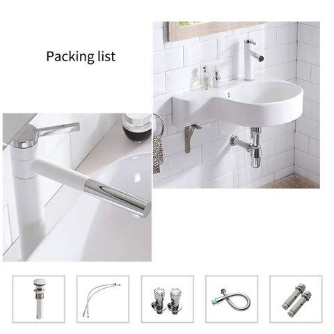 Slick Ceramic Wall Mounted Bathroom Sink With Deep Corner Basin and Standalone Pedestal Base shown with faucet and packing list.