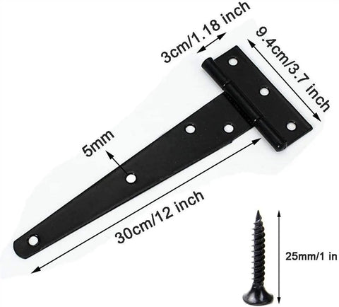 Heavy Duty Metal Tee Hinge 270 Degree Turn Black Rust Proof Steel For Barn Gate Shed Cabinet Door Gutsy Hardware Smooth Operation Tough Coating Pack Of 2, measuring 30cm x 3cm.