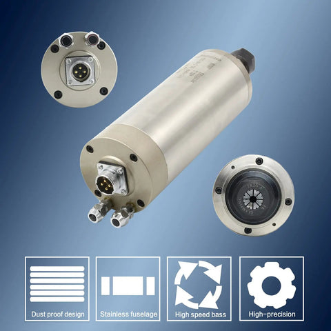 Water Cooled CNC Spindle Motor 2.2KW 220V With ER20 Collet 80mm Diameter showing connectors and dust proof design.