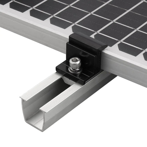 Heavy Duty Solar Panel End Clamps 10 Piece Kit Adjustable 30 To 50 Millimeter Roof Brackets mounted on solar panel edge.