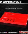 Red 10-compartment tool organizer tray, fuel and solvent resistant, shown against a black background, made in the USA.