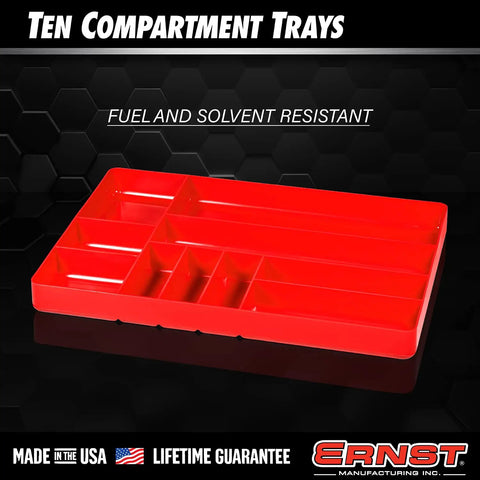 Red heavy duty 10 compartment drawer organizer for garage tool box storage, low profile stackable tray shown on black background.