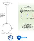 Diagram of 10 Inch Mid Century Modern Globe Pendant Light With Frosted Glass Orb, White Finish, showing dimensions and features.