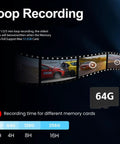 All In One Mirror Dash Cam For Car With Crisp 4K Front And 2.5K Rear IMX335, loop recording feature diagram with 64GB card