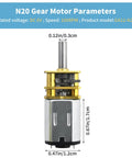 Three Pack DC 6V 100 RPM N20 Micro Gear Motor With 6mm Shafts And Metal Gearbox, high torque reduction, product dimensions shown