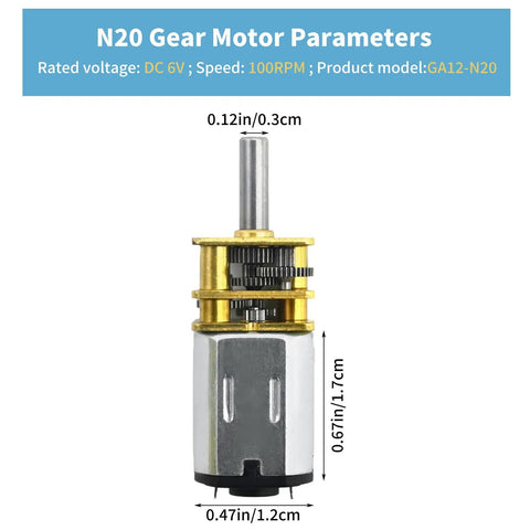 Three Pack DC 6V 100 RPM N20 Micro Gear Motor With 6mm Shafts And Metal Gearbox, high torque reduction, product dimensions shown
