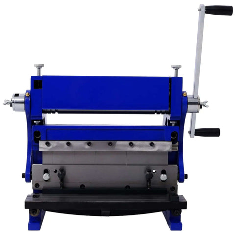 Front view of the 3 In 1 Sheet Metal Brake 12 Inch Blue Combination Machine for Bending Shearing and Rolling in the Workshop