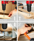 Beastly 21V Brushless Cordless Drill Kit With Two 2.0Ah Batteries And Charger in use for wood, metal, and corner drilling.