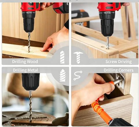Beastly 21V Brushless Cordless Drill Kit With Two 2.0Ah Batteries And Charger in use for wood, metal, and corner drilling.