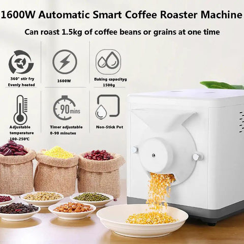 Workhorse Electric Coffee Roaster Machine 1600W With Spacious 1500G Drum pouring roasted beans into a plate.