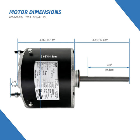Dimensions and specifications of AC Condenser Fan Motor Heavy Duty One Quarter HP 208-230V 1075RPM 1.4A With 10uf Capacitor