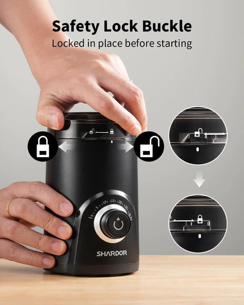 Electric Coffee Grinder With 70g Large Capacity And Visual Timing Knob For Precise Grind, showing safety lock buckle feature.