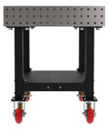 Rock Solid Mobile Welding Fixture Table Featuring Precision Laser Grid Holes And Built In Shelf Smooth Rollin Heavy Duty Swivel Casters, 48x30x36 in view.