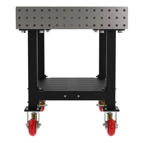 Rock Solid Mobile Welding Fixture Table Featuring Precision Laser Grid Holes And Built In Shelf Smooth Rollin Heavy Duty Swivel Casters, 48x30x36 in view.