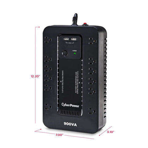 Ultimate Standby UPS System For Home Office And Gaming, A Go To 900VA 500W Backup Power With 12 Outlets, Surge Protected And 2 USB Charging Ports, Compact Black, Simulated Sine Wave For Computers Routers Consoles
