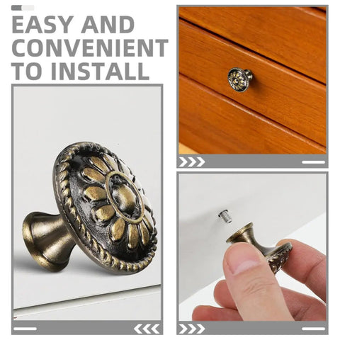 Pretty Dang Slick Antique Zinc Alloy Cabinet Drawer Pulls And Round Vanity Knobs For Kitchen Bathroom Bedroom Furniture Makeover Projects With High Quality Modern Classic Look, detailed view of floral knob with screws.