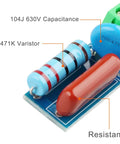 Close-up of Five Pack Relay Snubber Module with varistor and capacitance labels for AC or DC 5 to 400 volt contact protection.