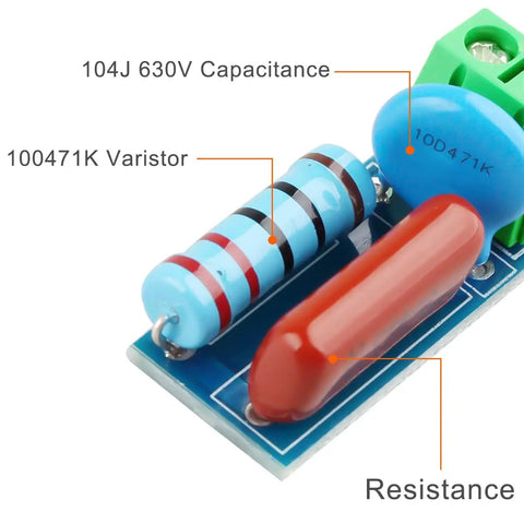 Close-up of Five Pack Relay Snubber Module with varistor and capacitance labels for AC or DC 5 to 400 volt contact protection.