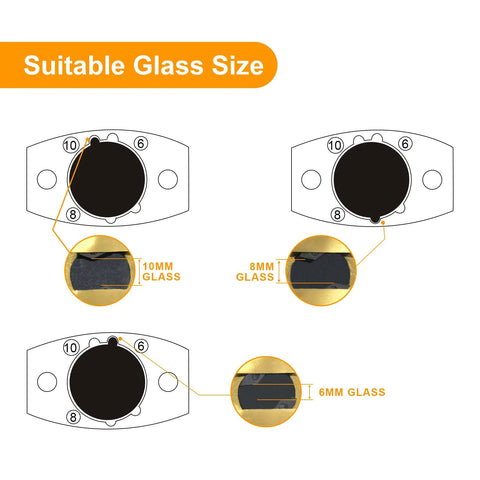 Diagram showing suitable glass sizes for the Bottom Guide For Sliding Shower Door In Brushed Gold Finish, including 6mm, 8mm, 10mm