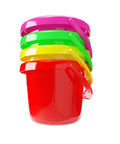 Stack of multicolored plastic buckets from Six Pack Beach Day Playsets For Kids Includes Sand Buckets Shovels Rakes Sifter Scoops Dolphin And Fish Sand Trays Perfect For Sandcastle Fun And Birthday Party Favors, ideal for children