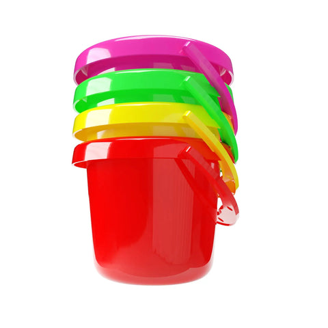 Stack of multicolored plastic buckets from Six Pack Beach Day Playsets For Kids Includes Sand Buckets Shovels Rakes Sifter Scoops Dolphin And Fish Sand Trays Perfect For Sandcastle Fun And Birthday Party Favors, ideal for children