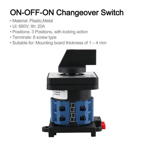 Heavy Duty 20A 660V 2 Pole Changeover Switch With 3 Position Rotary Selector For Motor Reversing And Generator Dual Section Eight Terminal Layout 35mm DIN Rail Mount SZW26 20 D2022 B11R, plastic and metal build, shown front view