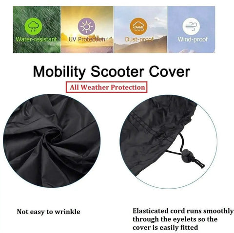 Tailored Electric Mobility Scooter Cover For SuperHandy Tugger GUO133FBA showing elastic cord and waterproof black fabric design.
