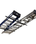 Double Ceiling Storage Rack For Kayaks Ladders Surfboards And More Adjustable From Ten To Eighteen Inches With A Thirty Inch Bar Holds Up To Two Hundred Pounds Overhead Hanger For Garage Or Workshop installed holding ladders