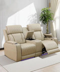 Power Recliner Sofa Set With LED Lighting And USB Charging Leather Sofa With Built In Storage Console And Cup Holders Smooth 110 To 160 Degree Recline For Dope Living Room Or Home Office Khaki, reclined position, khaki leather