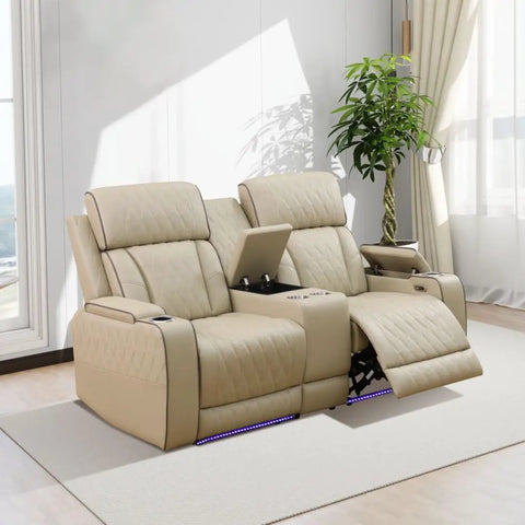 Power Recliner Sofa Set With LED Lighting And USB Charging Leather Sofa With Built In Storage Console And Cup Holders Smooth 110 To 160 Degree Recline For Dope Living Room Or Home Office Khaki, reclined position, khaki leather