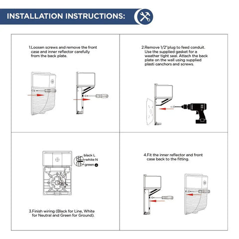Installation instructions for Hella Bright 25W LED Wall Pack Light With 3000 Lumen 5000K Daylight, showing four steps.