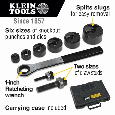 Knockout Punch Set With Wrench For Electrical Conduit One Half Inch To Two Inch Sizes Includes Punches Dies Draw Studs And One Inch Ratcheting Wrench For Pro Grade Cutting Ten Gauge Steel Aluminum And Fiberglass On The Job, showing tool set layout.