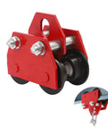Heavy Duty Manual I Beam Trolley For 3 Ton Load, Adjustable Flange Width 3.54 To 4.13 Inches, dual wheels, red metal construction.