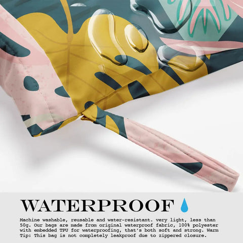 Close-up of waterproof wet bag with palm leaf tropical print and droplets, featuring strap detail, 26 by 32cm design.