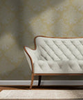 Hella Top Tier Floral White Cream Silver Metallic Wallpaper Textured Fibrous Design Eco Friendly Made In The Usa Paste The Wall Type I Wall Covering PVC Free Class A Rated For Safe Living Spaces with cream sofa.