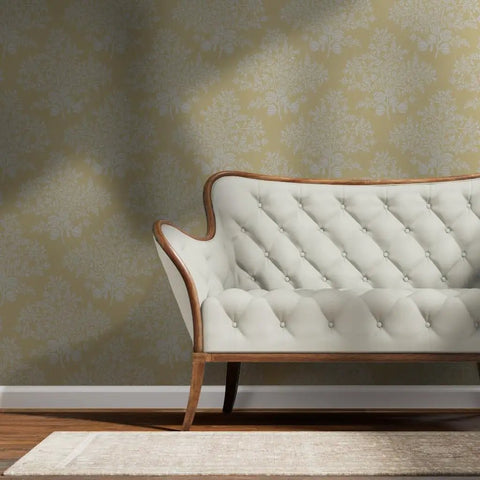 Hella Top Tier Floral White Cream Silver Metallic Wallpaper Textured Fibrous Design Eco Friendly Made In The Usa Paste The Wall Type I Wall Covering PVC Free Class A Rated For Safe Living Spaces with cream sofa.
