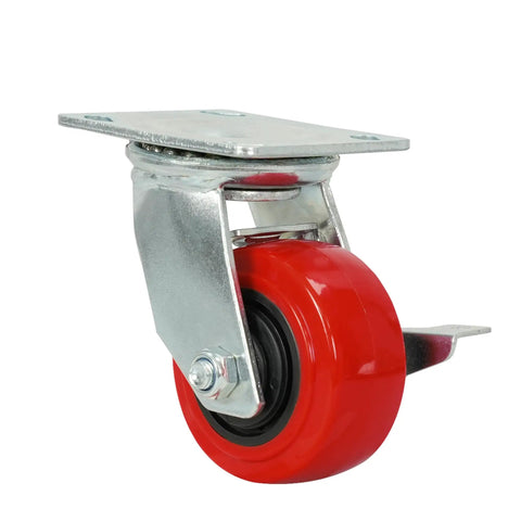 Heavy Duty 4 Inch Red Polyurethane Swivel Caster With Wheel Brake, 550 Lbs Rugged Capacity, Nonmarking Floor Savin Rubber Wheel, Smooth Cruisin Industrial Swivel Roller For Heavy Loads And Equipment
