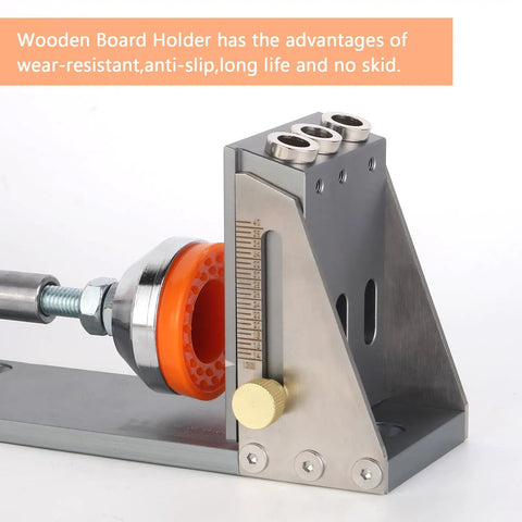 Close-up of All Metal Pocket Hole Jig Kit for DIY Woodworking showing metal body and measurement guide.