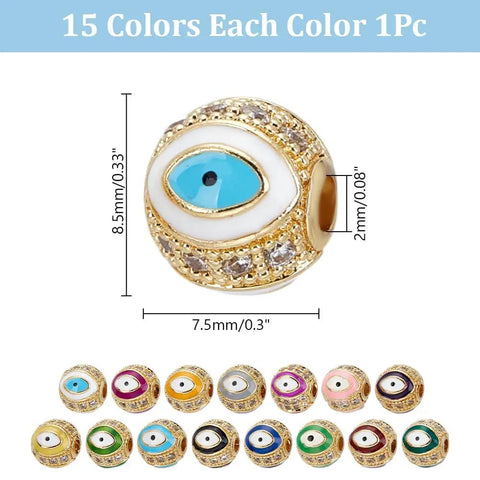 Evil Eye Brass Golden Cubic Zirconia Beads Set with 15 Colors, 8.5x7.5mm, 2mm hole, for DIY jewelry bracelet making projects.