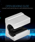 SBR16UU 16mm Aluminum Linear Ball Bearing Slide Block With Chrome Plated Rod for CNC Machines and DIY builds, open view of chrome exterior.