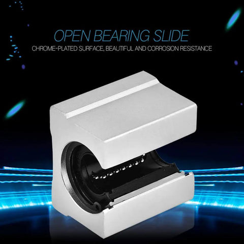 SBR16UU 16mm Aluminum Linear Ball Bearing Slide Block With Chrome Plated Rod for CNC Machines and DIY builds, open view of chrome exterior.