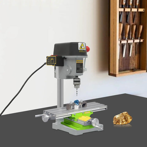 Sturdy Mini Bench Drill Press For Woodworking And Metal Crafting on a table, showcasing precision chuck and ergonomic design.