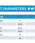 Product specifications table for Dual Encoder Planetary Gearbox MG8016E-i6B With DC Servo Motor And Brake, showing voltage and speed.