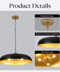 puncoll 20.5" Black and Gold Chandelier, 3-Light Dome Large Pendant Light with painted gold canopy and black lampshade.