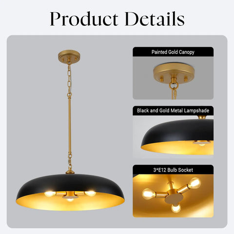 puncoll 20.5" Black and Gold Chandelier, 3-Light Dome Large Pendant Light with painted gold canopy and black lampshade.