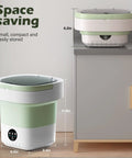 Super Smooth Foldable Mini Washing Machine With Quick Spin Basket and Totally Effortless Three Mode Laundry Routine For Tiny Apartments College Dorms Hotel Stays And Ultimate Weekend Camping Vibes shown beside a countertop, measuring 11.8in height.