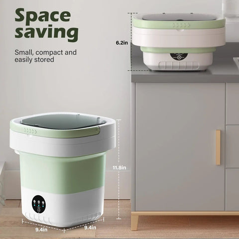 Super Smooth Foldable Mini Washing Machine With Quick Spin Basket and Totally Effortless Three Mode Laundry Routine For Tiny Apartments College Dorms Hotel Stays And Ultimate Weekend Camping Vibes shown beside a countertop, measuring 11.8in height.